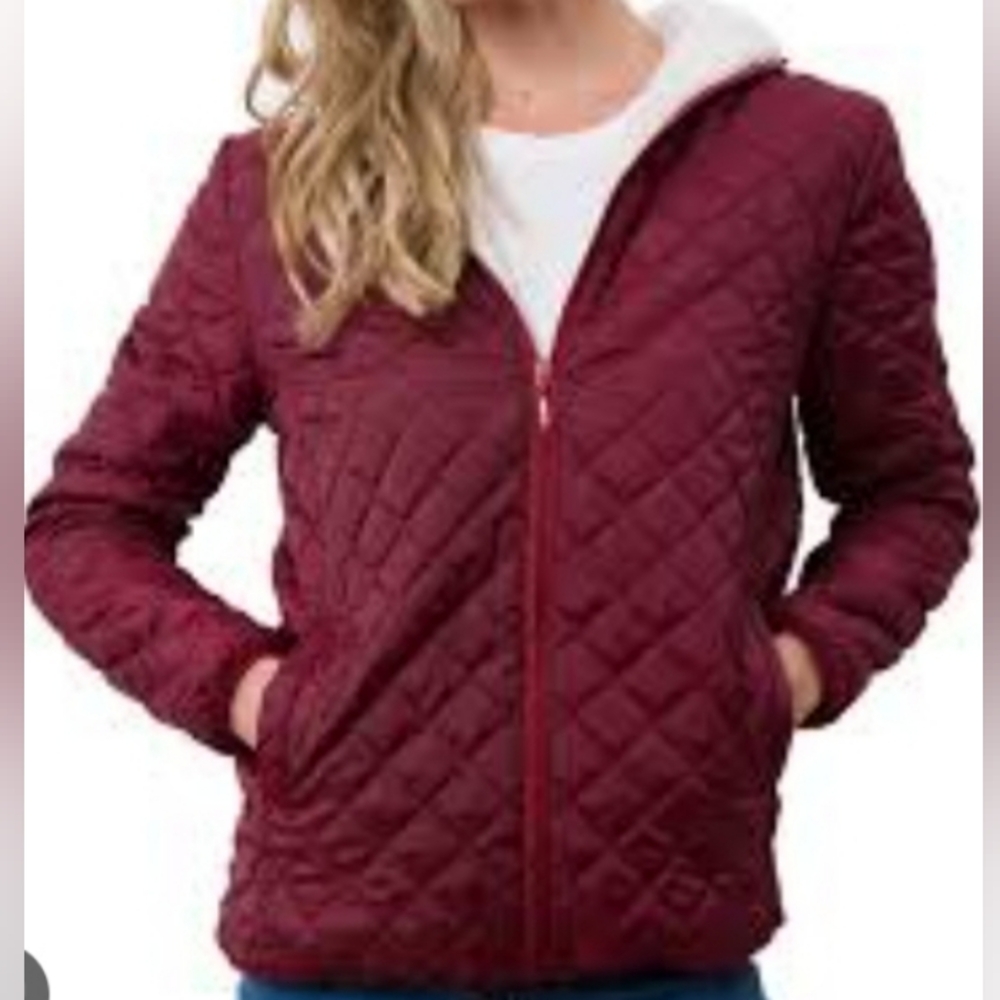 Vangull Women's Burgundy Red Quilted Plush Hooded Zip Jacket S Lightweight